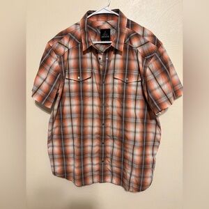 prAna Men’s Plaid Snap Button Short Sleeve Shirt Orange Brown XL